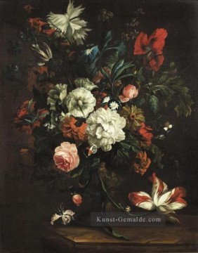 Klassik Blumen Werke - Blumen in einer Vase auf einer Steinplatte Justus van Huysum